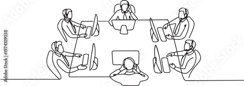 Continuous one line drawing top view group of telemarketing team member calling prospective client offer automotive product. one line art icon drawing vector