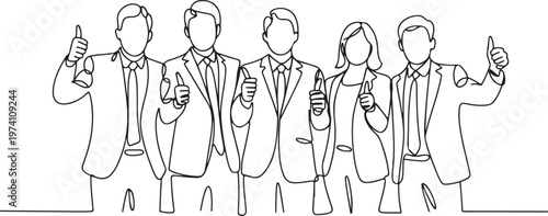 Continuous one line drawing group of young happy businessmen and businesswomen giving thumbs up gesture together. one line art icon drawing vector