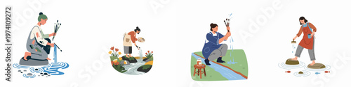 Set of flat illustrations showing female artists cleaning their paintbrushes in natural streams and rivers, emphasizing a serene connection between art and nature.