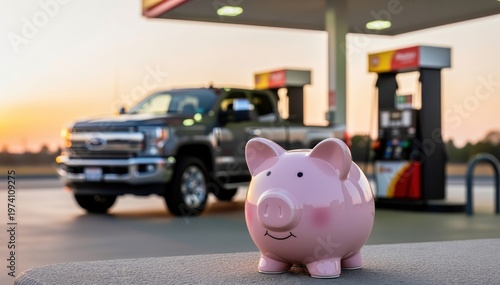 Fuel Savings: A close-up shot of a pink piggy bank resting near a gas pump and a pickup truck, symbolizing the financial implications of vehicle operation.