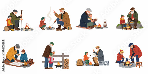 Set of illustrations depicting a grandfather and his grandson enjoying various outdoor camping activities, roasting marshmallows, and reading maps by a campfire.
