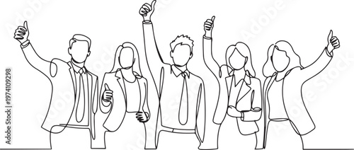 Continuous one line drawing group of young happy businessmen and businesswomen giving thumbs up gesture together. one line art icon drawing vector