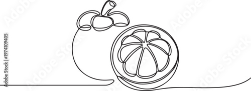 Continuous one line drawing half sliced freshness healthy sweet organic mangosteen for orchard. one line art icon drawing vector