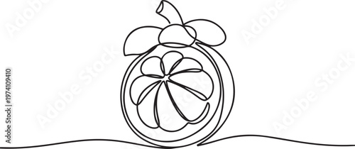 Continuous one line drawing half sliced freshness healthy sweet organic mangosteen for orchard. one line art icon drawing vector