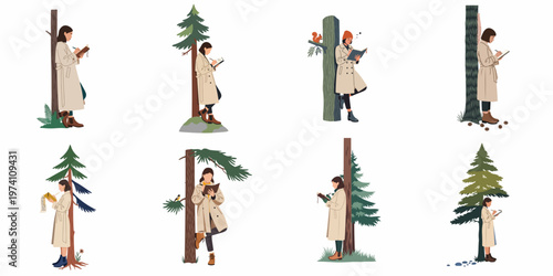 Set of vector illustrations of a woman in a trench coat reading and writing while standing by different trees in a forest.
