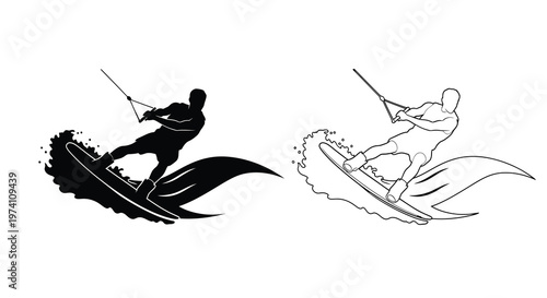 Wakeboarding action a black and white illustration of a watersports enthusiast