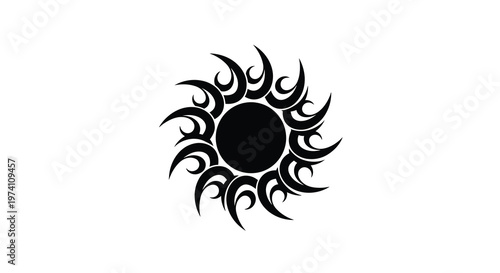 Black tribal sun design on a white background stylized and symmetrical