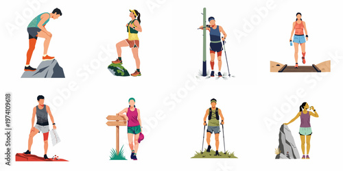 Flat Illustration Set of Diverse Men and Women Hiking and Trail Running in Various Outdoor Settings and Poses