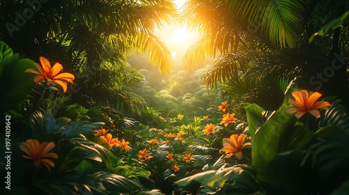 Sunlight path through tropical lush jungle