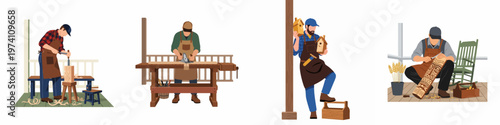Four flat illustrations of male carpenters and woodworkers engaged in traditional woodworking tasks like carving, planing, and building birdhouses.