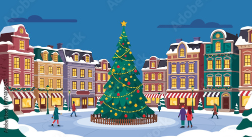 Festive christmas town scene with a brightly lit tree on transparent background silhouette