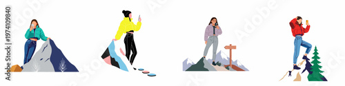 Collection of flat illustrations featuring young women adventuring in the mountains and capturing moments with their smartphones against a white background.