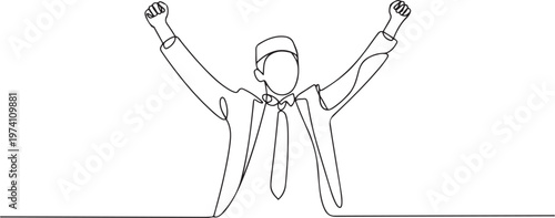 Continuous one line drawing young happy Moslem employee celebrate his job promotion. one line art icon drawing vector