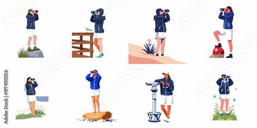 A collection of illustrations showing people in various outdoor and coastal settings observing nature and scenery through binoculars and telescopes.