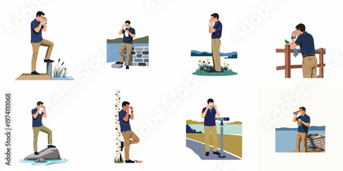 Set of illustrations depicting a man in various outdoor settings, suffering from seasonal allergies or heat while wiping his face with a handkerchief.