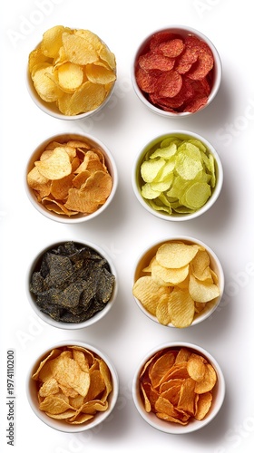 Eight white bowls are arranged in two vertical columns each filled with different colorful types of potato chips on a clean white studio background