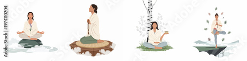 Set of four minimalist flat illustrations showing women practicing yoga, meditation, and mindfulness in peaceful natural settings for wellness and inner peace.