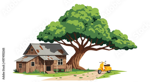 Old house with a tree and scooter digital illustration on transparent background silhouette