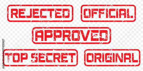 Grunge Rubber Stamp Set, Approved Rejected Official Original Top Secret Distressed Badge Vector