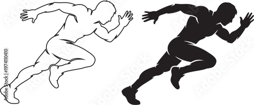 A dynamic illustration of a running man presented in both solid and outline forms