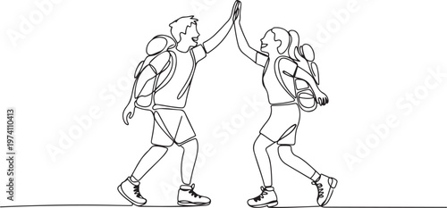Single continuous line drawing of two young happy tourist carrying backpack to go to holiday and gives high five gesture. one line art icon drawing vector