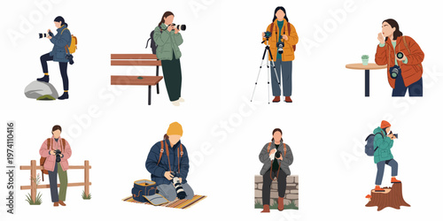 Collection of diverse female photographers in various outdoor settings with professional cameras and equipment, presented in a minimalist flat vector illustration style.