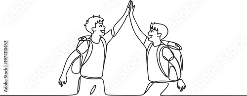 Single continuous line drawing of two young happy tourist carrying backpack to go to holiday and gives high five gesture. one line art icon drawing vector