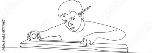Continuous one line drawing young carpenter measuring wooden board using measurement tape, ruler, pencil. one line art icon drawing vector