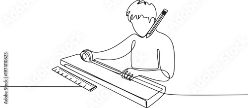 Continuous one line drawing young carpenter measuring wooden board using measurement tape, ruler, pencil. one line art icon drawing vector
