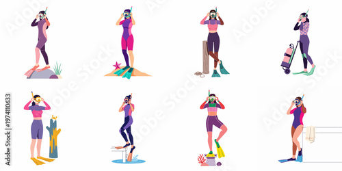 Collection of vector illustrations featuring women in various scuba diving and snorkeling gear, including colorful wetsuits, masks, fins, and underwater exploration equipment.