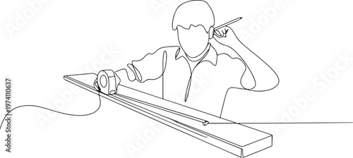 Continuous one line drawing young carpenter measuring wooden board using measurement tape, ruler, pencil. one line art icon drawing vector