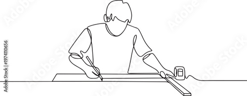 Continuous one line drawing young carpenter measuring wooden board using measurement tape, ruler, pencil. one line art icon drawing vector