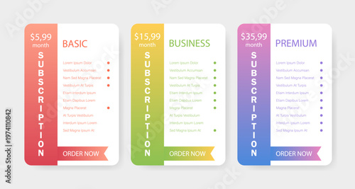 Set of three subscription pricing plan tables. Basic, business, and premium service options comparison banners with buttons and lists. Clean modern layout for SaaS platforms, digital services, hosting