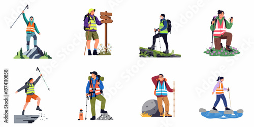 Set of flat vector illustrations featuring diverse hikers and trekkers in high-visibility vests, engaging in various outdoor mountain activities and adventures.