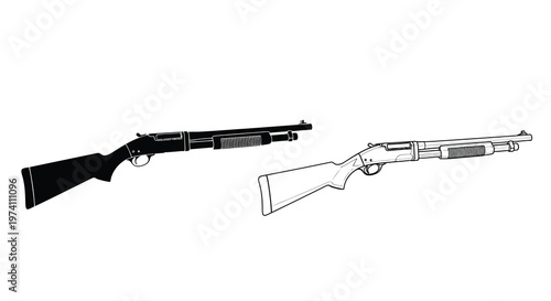 Black and white illustration depicting two pump action shotguns in profile