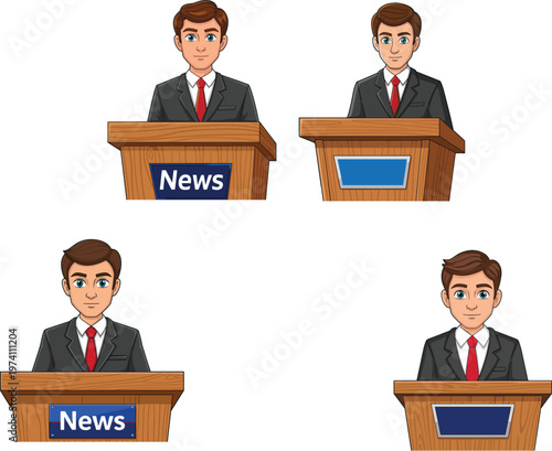 Professional male news anchor character in black suit standing behind wooden podium for television broadcast and media presentation