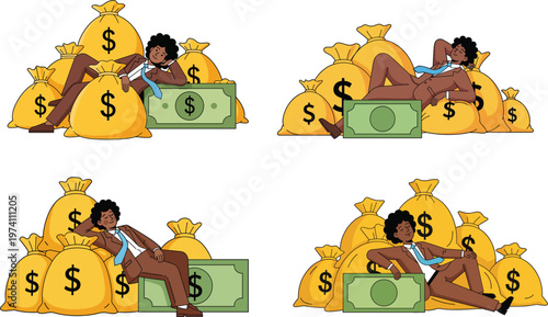 Rich businessman character in brown suit relaxing on a huge pile of gold money bags and cash for wealth and financial success concept