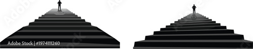 Silhouette of a lone person standing at the top of a long staircase representing success career growth and achievement.