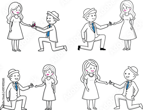 Romantic man kneeling down proposing to a woman with a diamond ring for wedding engagement and marriage concept vector illustration