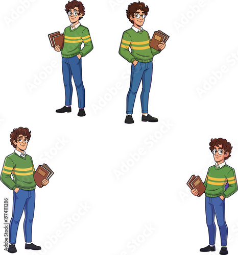 Smart male college student character with curly hair wearing glasses and green sweater holding books for university education concept