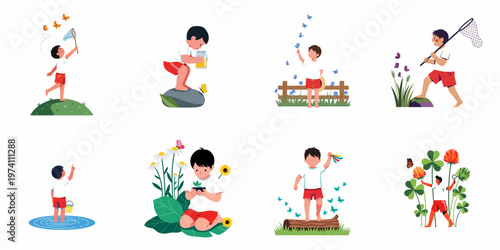 Vector illustration set of a young boy exploring nature, catching butterflies, gardening, and playing outdoors during summer.