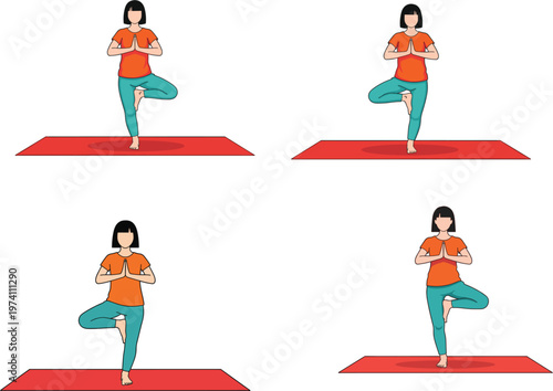 Young woman practicing yoga in tree pose on a red mat for physical fitness and mental wellness concept