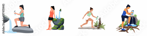 Flat Vector Illustrations of a Woman Filling a Reusable Bottle from Natural Water Sources While Exercising Outdoors