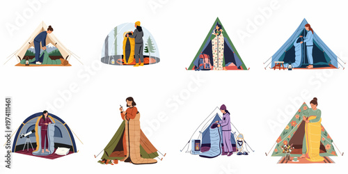 Set of illustrations depicting women camping in tents with sleeping bags, featuring different seasons and outdoor adventures in a flat graphic style.