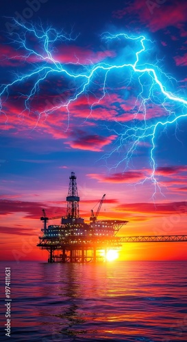 Oil Rig Under Lightning Storm at Sunset.