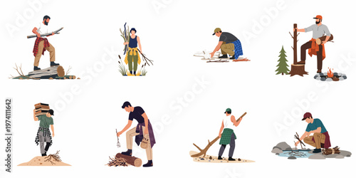 Vector illustration collection of men gathering, carrying, and preparing firewood for camping and outdoor activities on a white background.