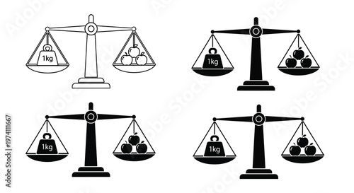 Scales depicting weight comparisons with kilograms apples and people