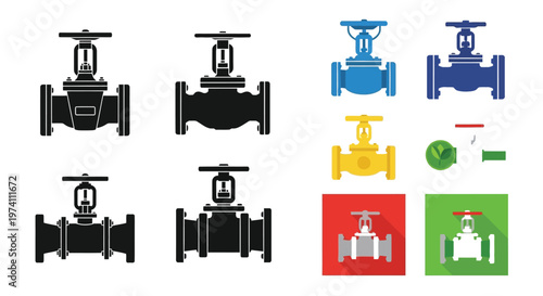 Industrial valves in various colors and styles presented as a graphic collection