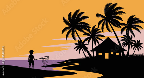 Tropical beach scene with a fisherman palm trees and hut silhouette on transparent background