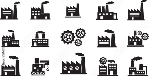 Industrial Factory Buildings and Machinery Icons Set